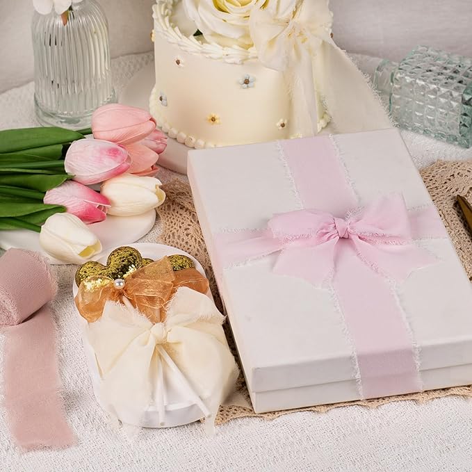 Chiffon Ribbon, Ivory White Pastel Pink Silk Ribbon, Engagement Wedding Shower Party Decorations, 1-1/2''x21Yd Handmade Frayed Fringe Ribbon for Wrapping, Floral Vase, Invitation Card, 3 Rolls