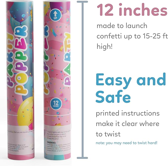 Confetti Poppers Confetti Cannon | 12 Pack | Glitter Multicolor | Party Poppers for Graduation, Birthday, Wedding | Alternative to Fireworks Smoke Bombs | Launches 25 ft | 12 inch | TUR Party Supplies