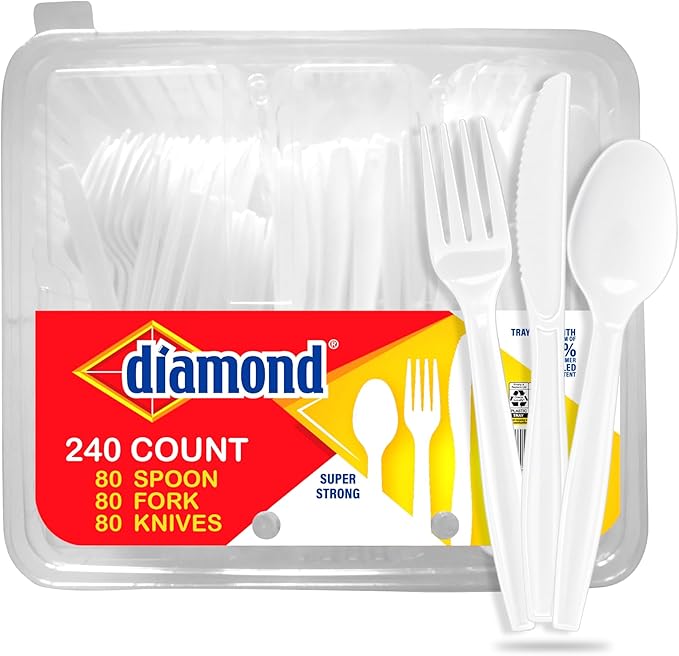 Diamond® Heavy Duty Disposable Cutlery Set 240 Count – 80 Forks, 80 Spoons, 80 Knives, Durable Plastic Utensils, Reusable Tray, Lunch, Parties, Events, Made in USA