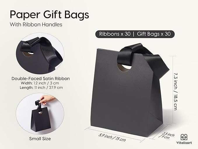 Vitalizart Paper Gift Bags With Ribbon Handles Set of 10 Assorted Colors Bulk Reusable For Gift Wrap Girls Kids Birthday Bridal Shower Party Favors Goodie Bags Candy Christmas 5.91"x3.54"x7.28" Small Size