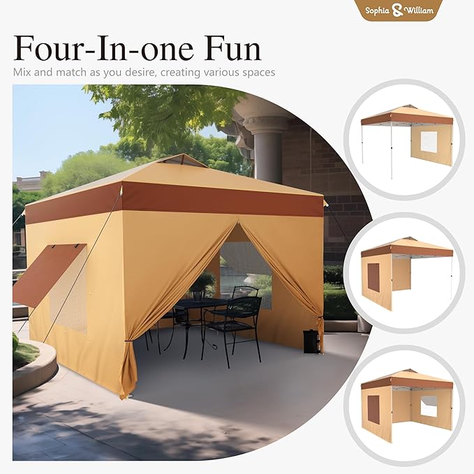 Sophia & William Canopy Tent Pop Up 10x10 ft One Person Push Set Up Canopies with 4 Sidewalls, Outdoor Shelter Heavy Duty Straight Legs with 4 Sandbags & 1 Roller Bag, 8 Stakes & 4 Guy Ropes, UPF50+