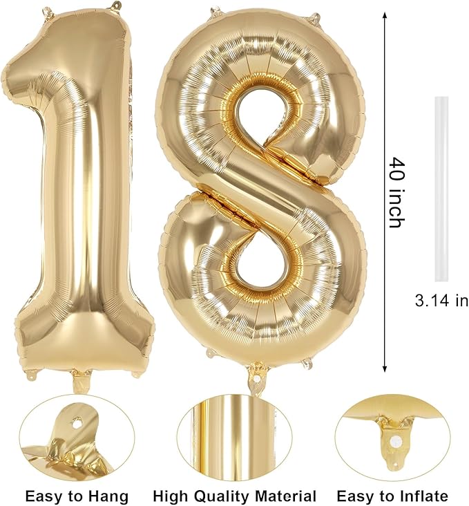 Champagne Gold Large Number 18 Balloon, 40 Inch Light Gold Foil Helium Number Balloons, Giant Mylar Number 18 Balloons for 18 Years Old Birthday Party Anniversary Decorations (Champagne Gold 18)