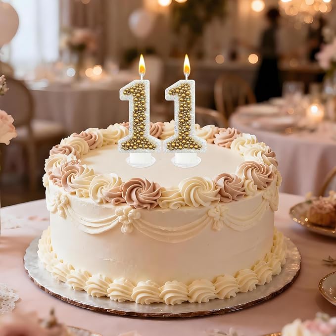 11 Birthday Number Candle for Cake, Glitter Number Candle with Gold Beads, Decorative Cake Topper for Milestone Celebrations