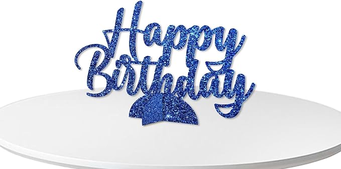 Happy Birthday Table Centerpiece, Dark Blue Glitter Birthday Party Paper Free Standing for Women Men, HBD Script Table Centerpiece for Bday Party Supplies