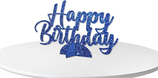 Happy Birthday Table Centerpiece, Dark Blue Glitter Birthday Party Paper Free Standing for Women Men, HBD Script Table Centerpiece for Bday Party Supplies