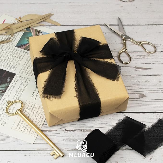 Black Chiffon Ribbon 1-1/2 Inch x 21Yards Handmade Fringe Chiffon Silk Ribbon Boho Frayed Ribbon Black Ribbon for Wedding Invitation, Bridal Flower Bouquets, Floral Arrangement, Gift Wrapping