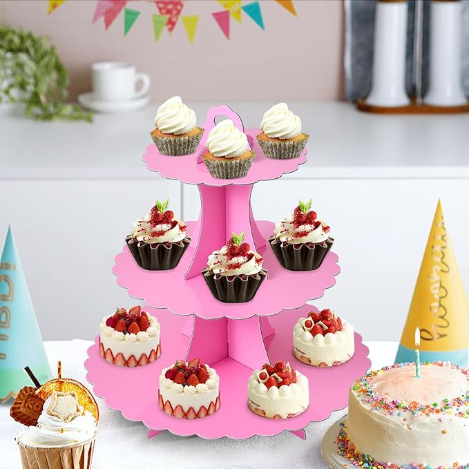 Soleebee 3-Tier Cupcake Stand, Cardboard Cupcake Tower, Dessert Cup Cake Stand Tower for Birthday Wedding Party Decoration, Cupcake Tier Stand 1 Set (Hot Pink)