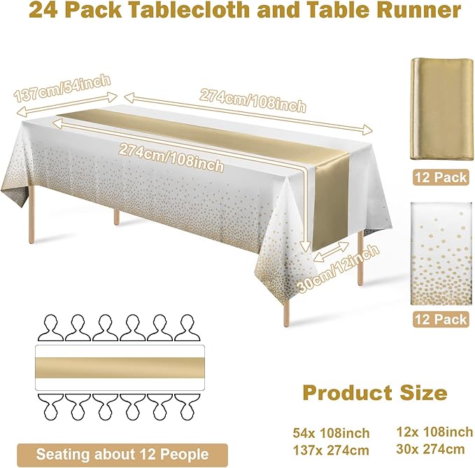 24Pack Disposable Plastic Tablecloths and Satin Table Runner Set White and Gold Dot Tablecloth Gold Satin Table Runner for Wedding Birthday Baby Shower Anniversary Christmas New Year Party Decorations