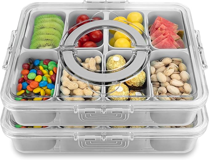 Divided Serving Tray with Lid and Handle,8 Compartments Snacks Box,Snack Fruit and Veggie Tray,Portable Platter for Candy Fruits Nuts Snack Party Entertaining Picnic (2 PCS Grey)
