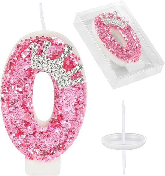 Birthday Number Candles,Pink Crown Birthday Candles for Cake,Glitter Number 0 Candle Cake Topper with Sequins for Girls,Women, Anniversary Celebrations Supplies (Pink 0)