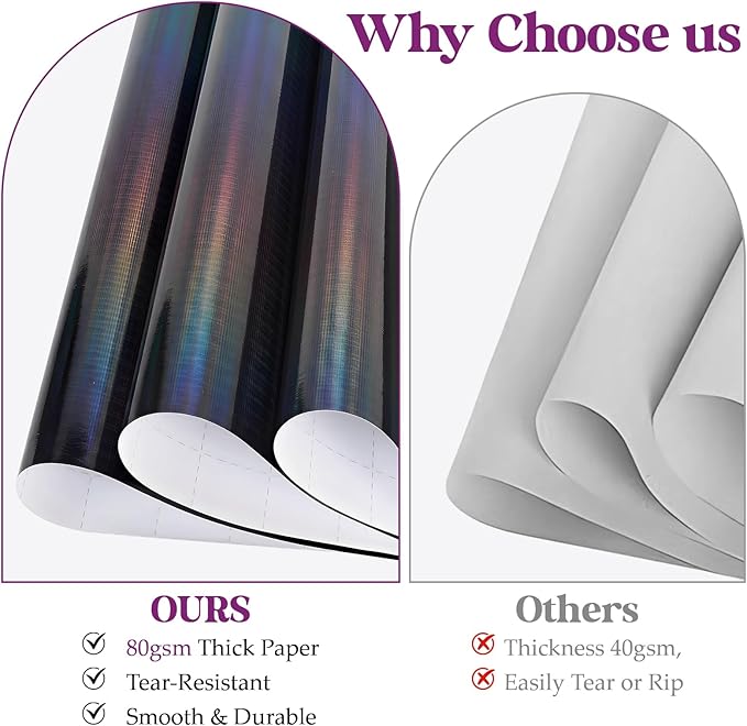Bafeil Black Holographic Striped Wrapping Paper Roll with Ribbon, Metallic Iridescent Gift Wrap Paper for Birthdays, Mother’s Day, Graduations, Weddings, Father’s Day, Teachers’ Day