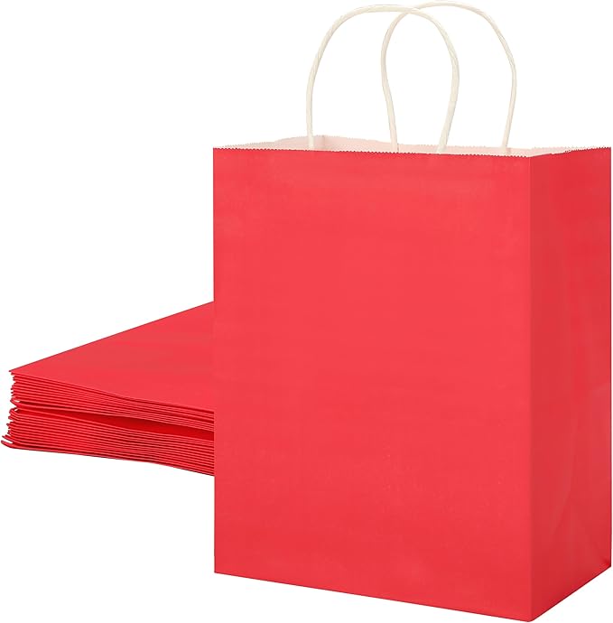 SUNCOLOR 25 Pack Red Gift Bags with Handles – 8x4.5x10 Medium Bags for Shopping, Retail, DIY, Wedding, Party Favors & Valentine's Day