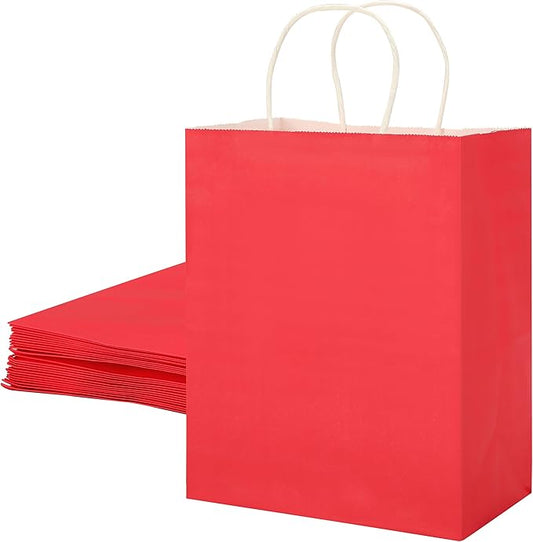 SUNCOLOR 25 Pack Red Gift Bags with Handles – 8x4.5x10 Medium Bags for Shopping, Retail, DIY, Wedding, Party Favors & Valentine's Day