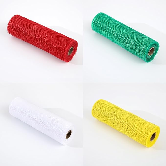 3 Rolls White Yellow Green Deco Mesh Ribbon for Wreath Making Supplies, 10 Inch x 30FT Metallic Foil Burlap Deco Mesh Fabric for Christmas Tree New Year Winter Door Wreath Swags and Decorating