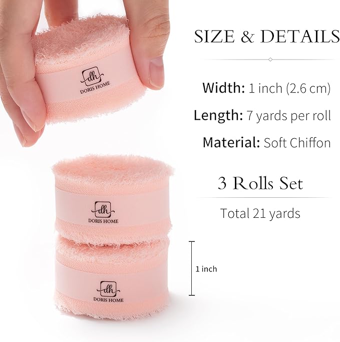 DORIS HOME Blush Pink Chiffon Ribbon for Flower Bouquet, 1" x21Yd Fabric Ribbon for Gift Wrapping, Handmade Frayed Ribbon for Wedding Invitations/Christmas Decorations