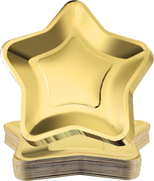 Umigy 120pcs Thick Gold Star Shaped Paper Plates Disposable Star Party Plates Twinkle Pentagram Dinnerware for Christmas Birthdays Weddings, Appetizers Desserts and Fruit Tableware, 9.45 x 9.06 Inch