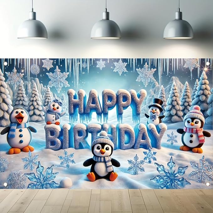 Winter Penguin Happy Birthday Party Banner 71X43INCH Double Sided Outdoor Yard Signwith Snowflakes LCE and Cute Penguins for Winter Wonderland Birthday Party Decoration