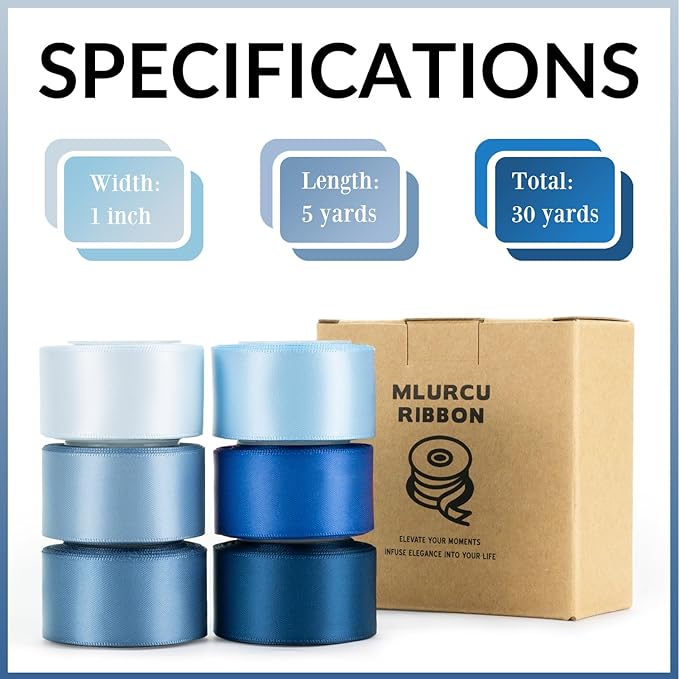 Blue Satin Ribbon 1 Inch Assorted Royal, Navy, Light, Dusty Blue Double Faced Satin Ribbon Set for Gift Wrapping, Flower Bouquet, Wedding Invitation, Baby Shower Decor, Hair Bows & Crafts - 30Yds