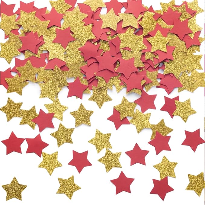 MOWO Gold and Red Star Confetti Table Decoration for Birthday Graduation New Year's Retirement Bachelor Theme Party,1.2 inch in Diameter,200 Counts