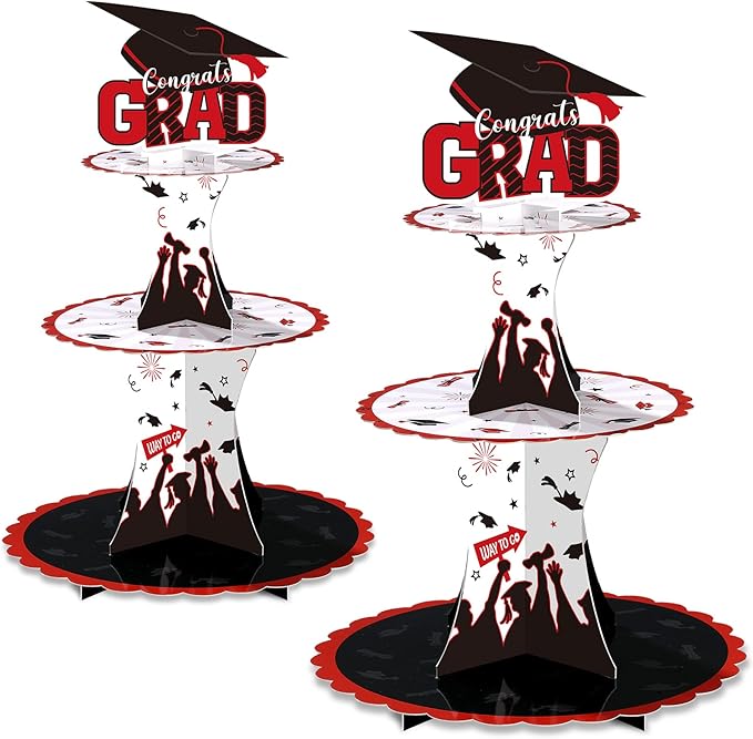 Nuenen 2 Pcs Graduation Cupcake Stand 3 Tier Black Graduation Cupcake Holder Class of 2026 Congrats Grad Cake Holder Dessert Tower for Grad Party Decorations Supplies Favors(Red)