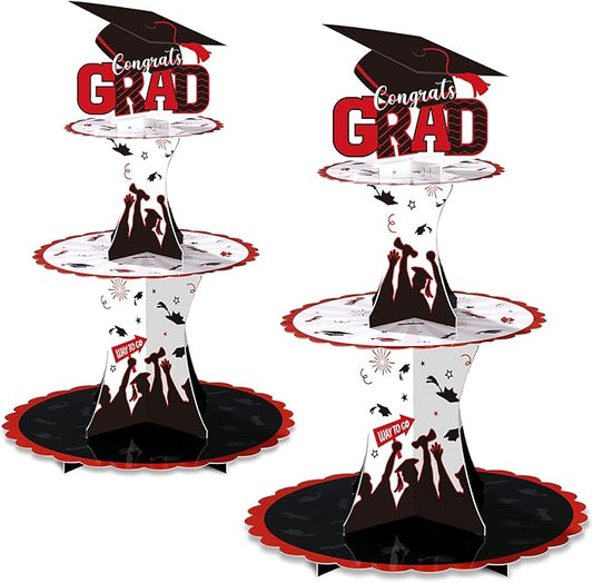 Nuenen 2 Pcs Graduation Cupcake Stand 3 Tier Black Graduation Cupcake Holder Class of 2026 Congrats Grad Cake Holder Dessert Tower for Grad Party Decorations Supplies Favors(Red)