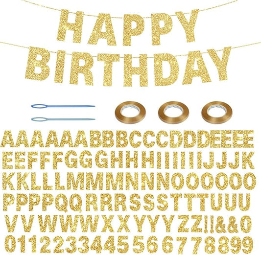 116 Pcs DIY Glitter Custom Banner Kit - Customize with 111 Letters and Numbers, 3 Rope, 2 Threading Devices for Graduation, Birthday Decor (Golden)