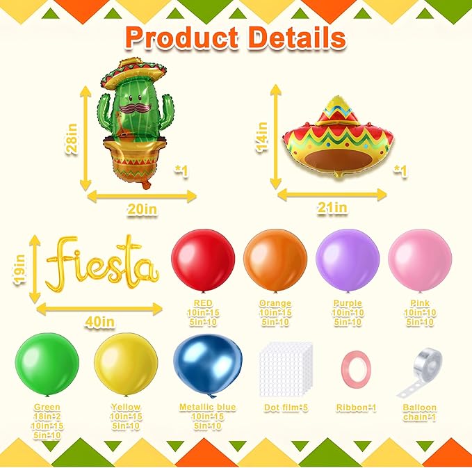 157PCS Cinco de Mayo Fiesta Balloon Arch Kit-Fiesta Balloons Garland for Mexican Fiesta Party Decorations Hawaii Tropical Luau Birthday Party Cactus Taco Carnival Balloons (Mexico)