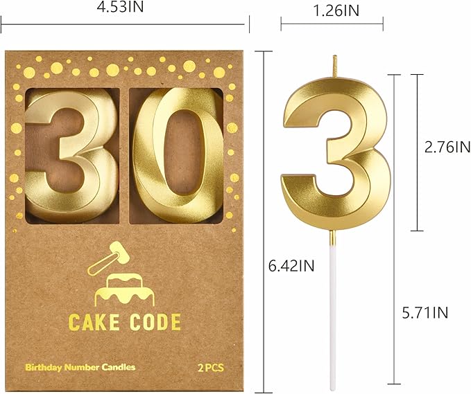 2.76 Inch Diamond Gold 30 Number Birthday Candles, Gold and Cake Number Candles for Party Celebration