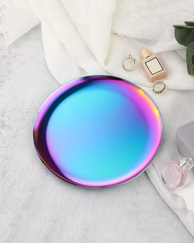 7.9in Round Serving Tray, Stainless Steel Decorative Metal Tray for Coffee Table, Vanity, Perfume, Jewelry, and Entryway Catchall Organizer Laser
