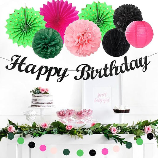 Green Hot-Pink Black Summer-Hawaiian Birthday Decorations - 21pcs Girls Woman Happy Party Banner Garland,Tropical Beach Pool Paper Streamers Lanterns,Flower Tissue Pom Poms Fan Supplies Decor Huglony