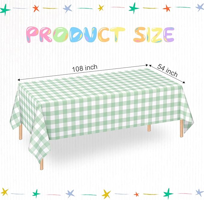 WNINK 2 Pack Sage Green Checkered Rectangular Plastic Tablecloths, Green Gingham Waterproof Disposable Table Covers 54" x 108" for Birthday, Baby Shower, Wedding, Outdoor Picnic Parties