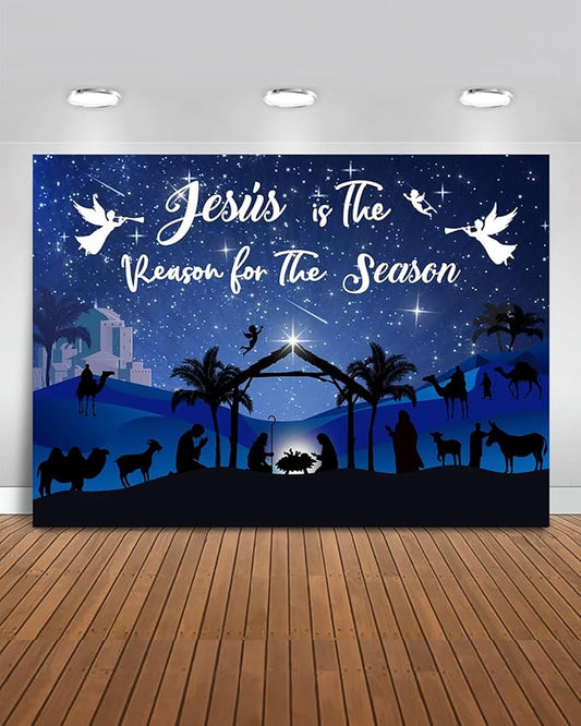 Mocsicka Christmas Nativity Backdrop Blue Large Merry Christmas Party Decorations Banner Xmas Jesus is The Reason for The Season Background Photo Booth (Blue, 7x5ft(82"x60"))