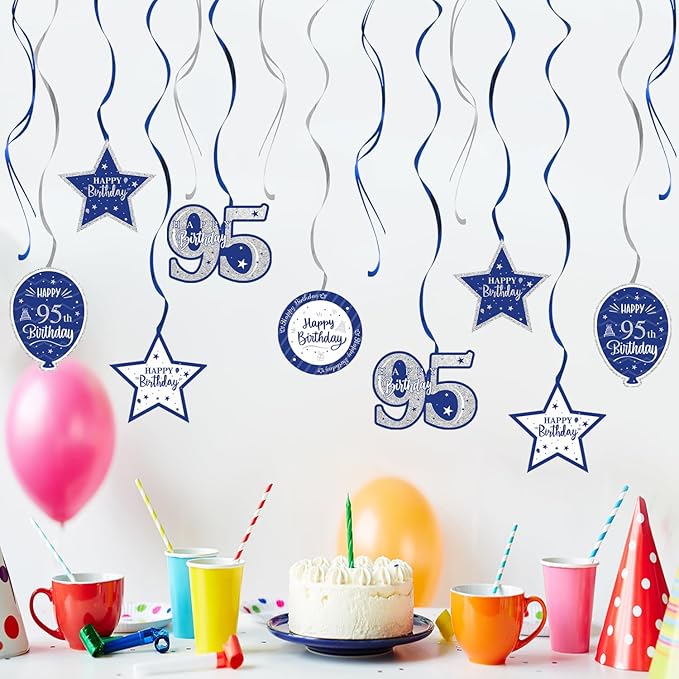 Happy 95th Birthday Blue & Silver Glitter Swirls Streamers Party Decorations - 15 Pcs 95th Birthday Hanging Swirls Streamers Kit,Perfect for 95th Bday Party Sign.