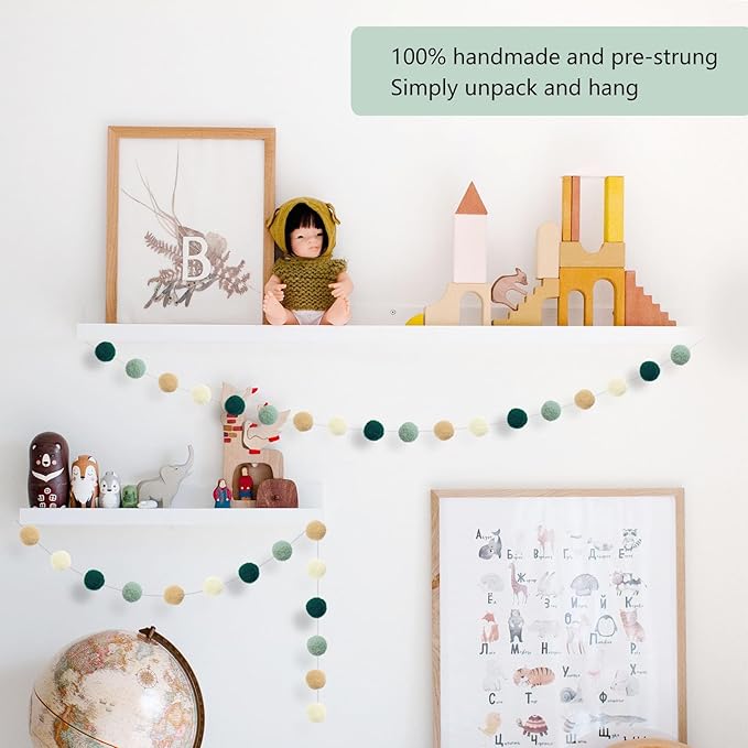 ANSOMO Sage Green Ribbon Felt Ball Garland Fabric Pom Pom Banner Tan Brown Ivory Gold Birthday Bridal Baby Shower Wall Hanging Party Decorations Wild Safari Jungle Botanical Greenery Decor Supplies