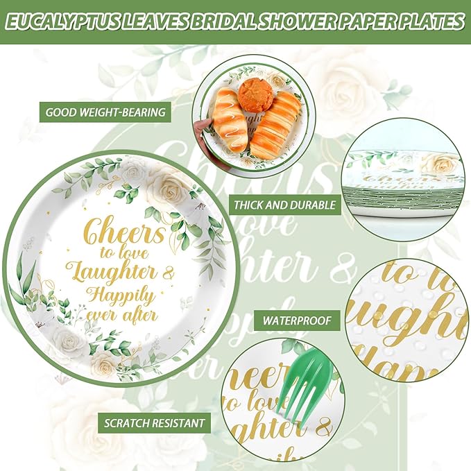 96Pcs Bridal Shower Party Supplies Eucalyptus Leaves Wedding Paper Plates Nankins Sage Green Party Decoration Engagement Cheers to Love Bridal Shower Holiday Dinnerware Party Favor Tableware Serves 24