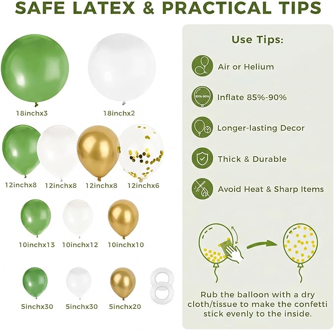 LovesTown 150 PCS Sage Green White Gold Balloons Different Size of 18 12 10 5 Inch, Gold Confetti Balloons with Ribbons for Boho Wedding Bridal Shower Safari Birthday Party Decorations