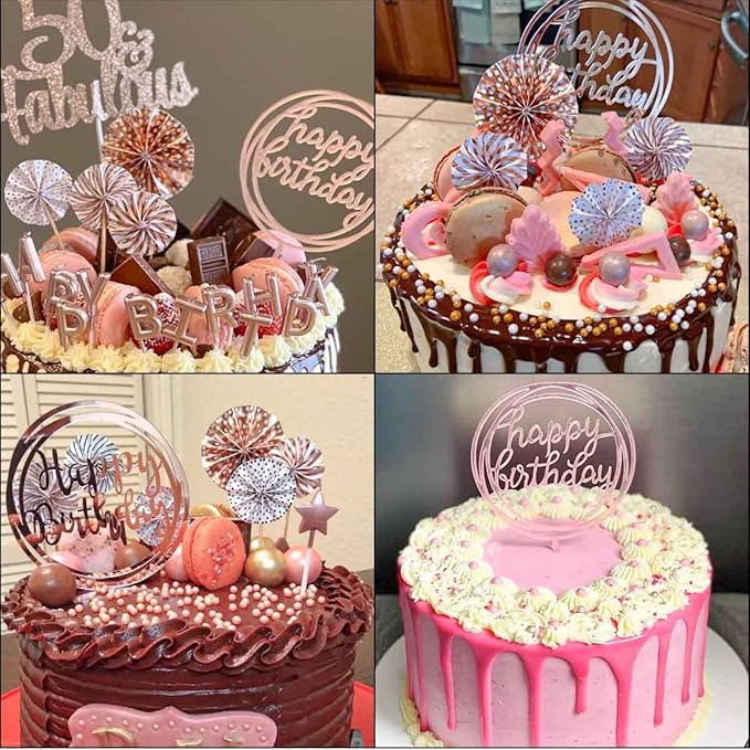 Cake Topper Decoration Set Acrylic Glitter Happy Birthday Cake Topper with Confetti Balloon Paper Fans Firework Cupcake Toppers for Rose Golden Theme Decor Women Birthday Party Supplies (Rose Gold)