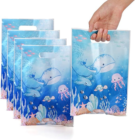 50 Pcs Ocean Animal Party Favor Bags with Handles - Plastic Under the Sea Party Goodie Bags for Candy & Small Gifts, Bulk Supplies for Wedding Baby Shower Treat Bags, Holiday Gift Bags(Thanksgiving, Halloween, Christmas, New Years), Birthday Party Deco...