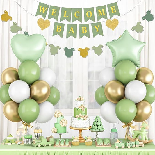 Sage Green Baby Shower Decorations Olive Green Gold White Oh Welcome Baby Balloon Set with Star Heart Foil Balloons Shower Bunting Banner Bodysuit Garland Neutral Gender Reveal Party for Boys Girls