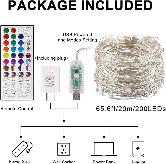 65.6FT 200LEDs Fairy Lights with Remote, 196 Modes 24 Color Changing Timer Dimmable Adjustable Speed IP65 Waterproof Fairy Lights Plug in for Tree Party Wedding DIY Festival Bedroom Chairs Decoration