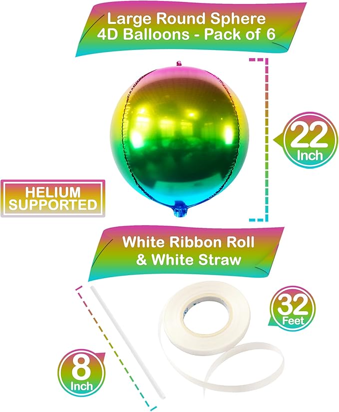 KatchOn, Metallic Ombre Balloons 22 Inch - Pack of 6 | Round 360 Degree 4D Rainbow Balloons | Gradient Rainbow Balloon for Mardi Gras Decorations | Tie Dye Balloons for Mardi Gras Birthday Decorations