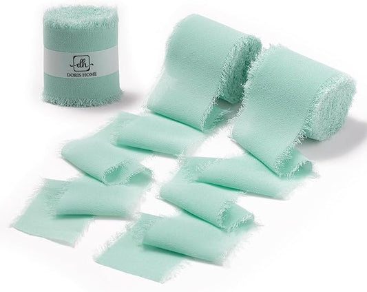 DORIS HOME Mint Green Chiffon Ribbon for Flower Bouquet, 2" x21Yd Fabric Ribbon for Gift Wrapping, Handmade Frayed Ribbon for Wedding, Chiffon Silk Ribbon for Christmas Decorations