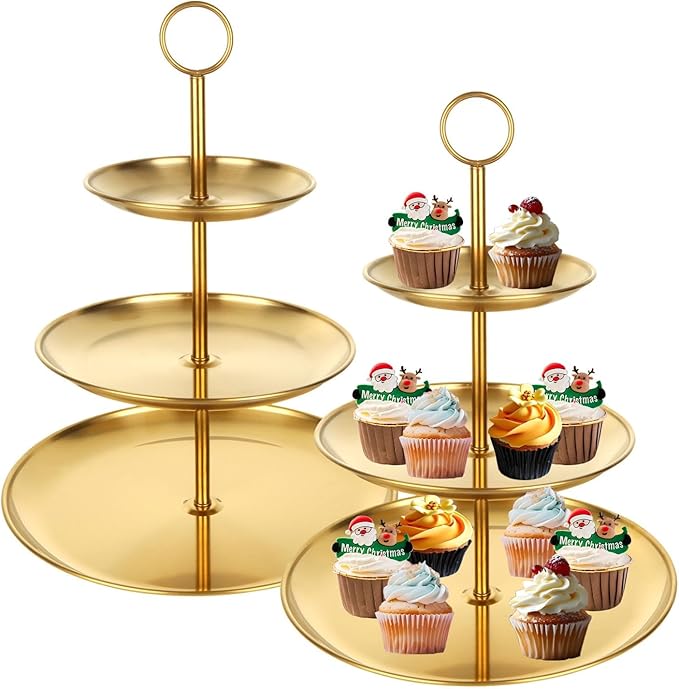 YOUNTHYE 2PCS Gold Cupcake Stand 3 Tiered Dessert Stand Stainless Steel Cupcake Display Stand Party Serving Trays Gold Cake Holder for Holiday Dessert Table Decorations Birthday Wedding