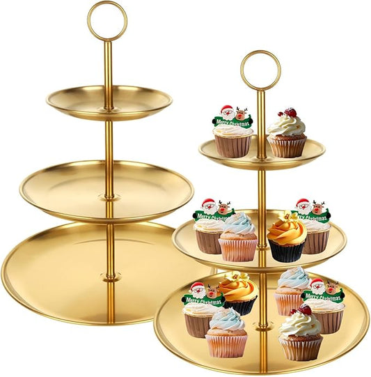 YOUNTHYE 2PCS Gold Cupcake Stand 3 Tiered Dessert Stand Stainless Steel Cupcake Display Stand Party Serving Trays Gold Cake Holder for Holiday Dessert Table Decorations Birthday Wedding
