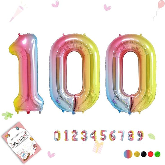 40 Inch Rainbow Number 100 Balloon, Large Foil Mylar Balloons for 100th Birthday 100 Year Old Party Celebration Decorations Supplies, Digital Balloons for Wedding Anniversary Events Decora