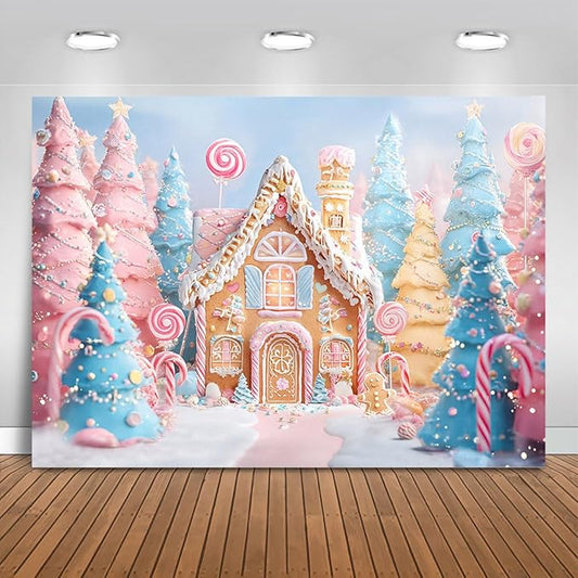 Mocsicka Christmas Candy House Backdrop Pink Candy Gingerbread Background for Photography Xmas Sweet Baby Shower Birthday Candyland Merry Christams Party Supplies (Pink, 7x5ft(82"x60"))