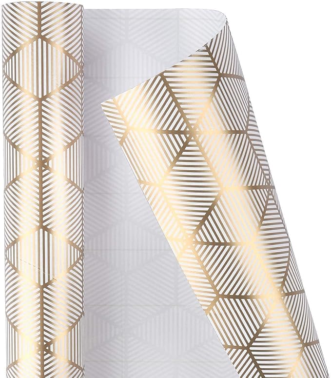 MAYPLUSS Birthday Wrapping Paper Roll - Mini Roll - 17 inch x 120 inch Per roll - White & Gold Foil Design (42.3 sq.ft.ttl)