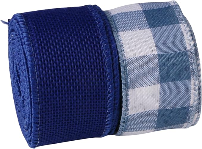 Meseey 1.5 Inch Burlap Wired Ribbon Set, 2 Rolls Total 10 Yards Solid Navy Blue & Blue White Buffalo Check Wired Edge Ribbon for Wreaths, Bows, Gift Wrapping, Farmhouse & Patriotic Decor