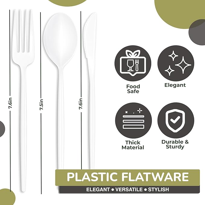 Trendables White Plastic Silverware Set White Silverware Disposable Forks and Spoons Disposable 120 Pack Plastic Utensils Set Includes 3 x 40 each Knives & Spoons & Forks For Parties and Events