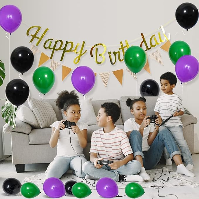 Purple Green Black Balloon Garland Arch Kit - Purple Black Balloon Green Black Balloons Video Game Balloons for Truck Car Hero Video Game Miner Birthday Graduation Party Decorations